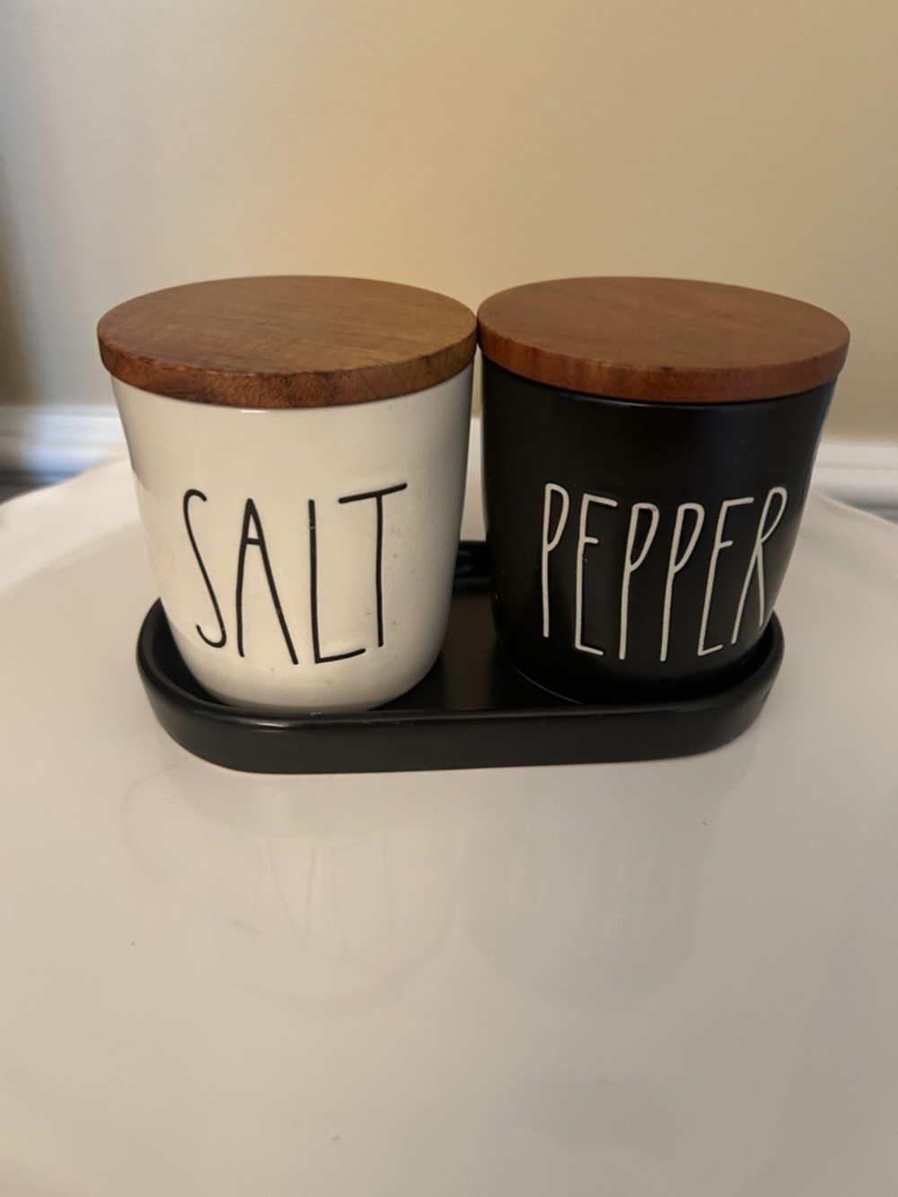 RAE DUNN Salt & Pepper Ceramic Jars with Wood Lids